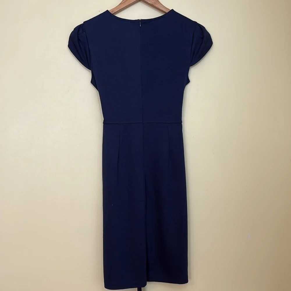 Manydress | NWT Navy Blue Cap Sleeve Belted Unlined Midi Dress Medium - Picture 11 of 14